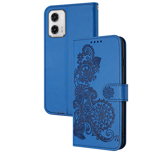 Leather Case Stands Flip Flowers Cover Holder Y01X for Motorola Moto G73 5G Blue