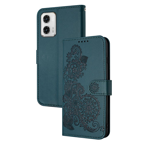 Leather Case Stands Flip Flowers Cover Holder Y01X for Motorola Moto G73 5G Green