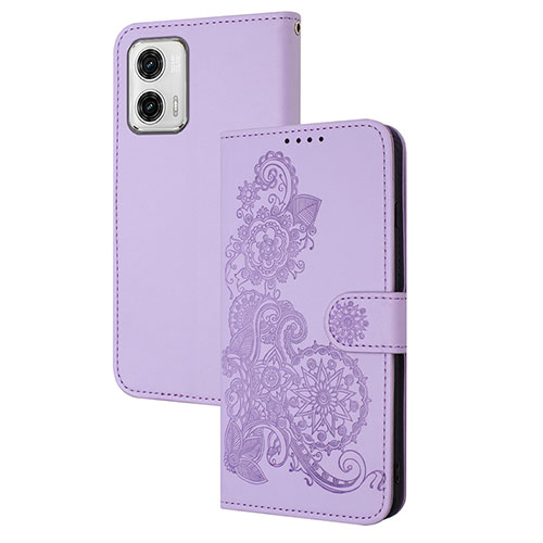 Leather Case Stands Flip Flowers Cover Holder Y01X for Motorola Moto G73 5G Purple