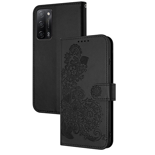 Leather Case Stands Flip Flowers Cover Holder Y01X for Oppo A55 5G Black