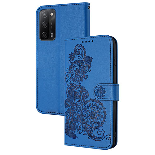 Leather Case Stands Flip Flowers Cover Holder Y01X for Oppo A55 5G Blue