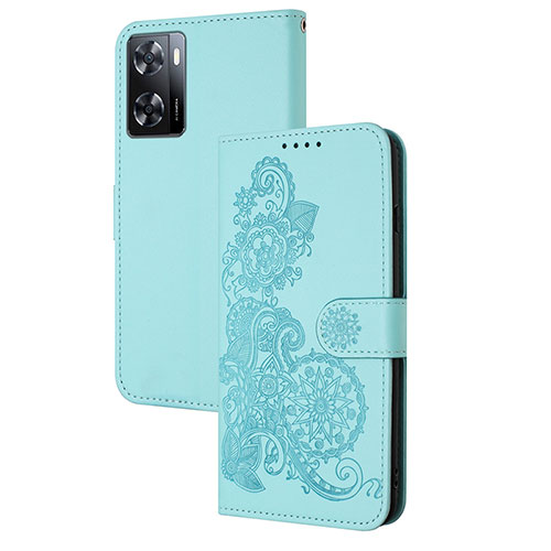 Leather Case Stands Flip Flowers Cover Holder Y01X for Oppo A57 4G Mint Blue