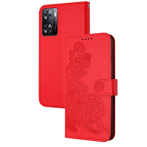 Leather Case Stands Flip Flowers Cover Holder Y01X for Oppo A57 4G Red