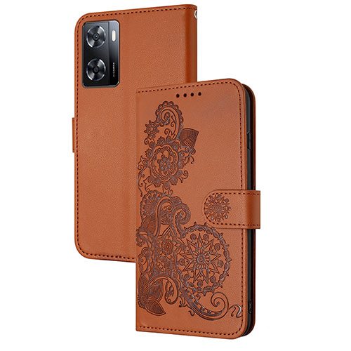 Leather Case Stands Flip Flowers Cover Holder Y01X for Oppo A77 4G Brown