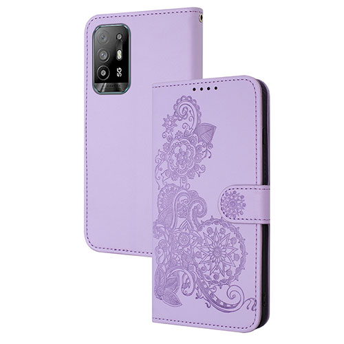 Leather Case Stands Flip Flowers Cover Holder Y01X for Oppo A94 5G Purple