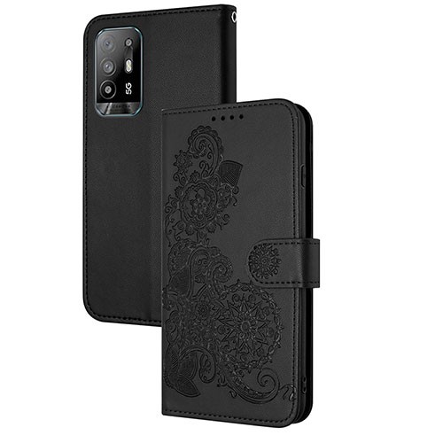 Leather Case Stands Flip Flowers Cover Holder Y01X for Oppo A95 5G Black