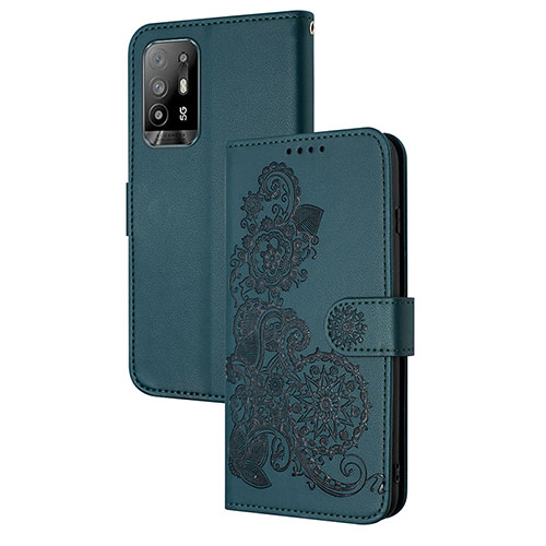 Leather Case Stands Flip Flowers Cover Holder Y01X for Oppo A95 5G Green