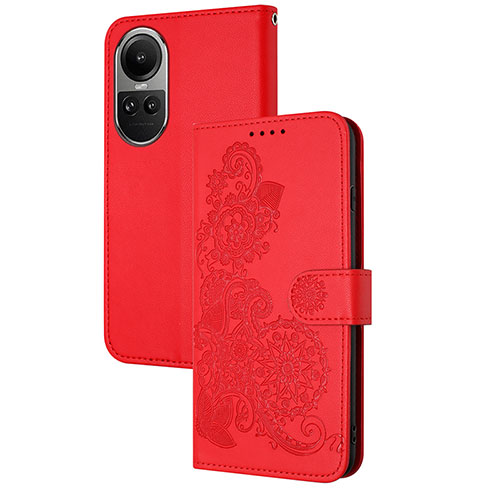 Leather Case Stands Flip Flowers Cover Holder Y01X for Oppo Reno10 Pro 5G Red