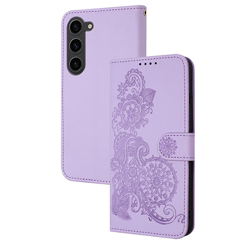 Leather Case Stands Flip Flowers Cover Holder Y01X for Samsung Galaxy S22 5G Purple