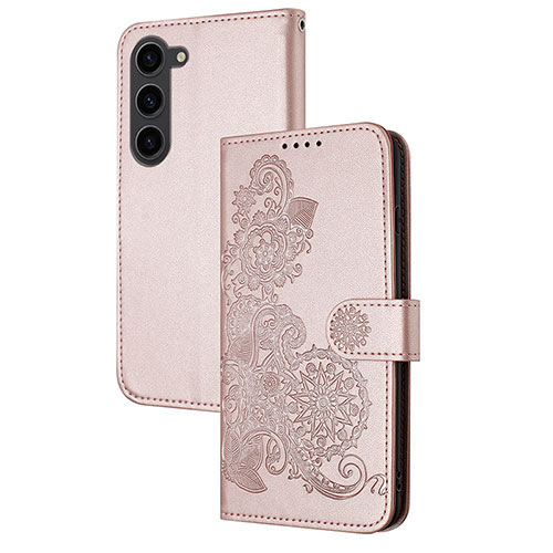 Leather Case Stands Flip Flowers Cover Holder Y01X for Samsung Galaxy S22 5G Rose Gold