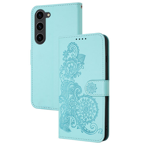 Leather Case Stands Flip Flowers Cover Holder Y01X for Samsung Galaxy S24 5G Mint Blue