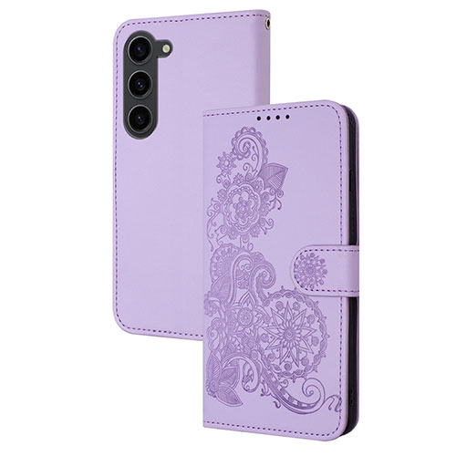 Leather Case Stands Flip Flowers Cover Holder Y01X for Samsung Galaxy S24 5G Purple
