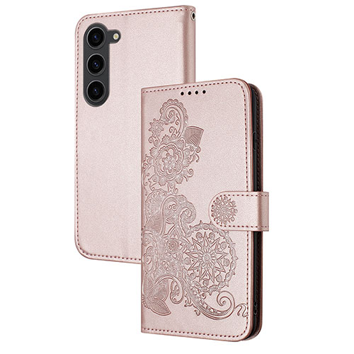 Leather Case Stands Flip Flowers Cover Holder Y01X for Samsung Galaxy S24 5G Rose Gold