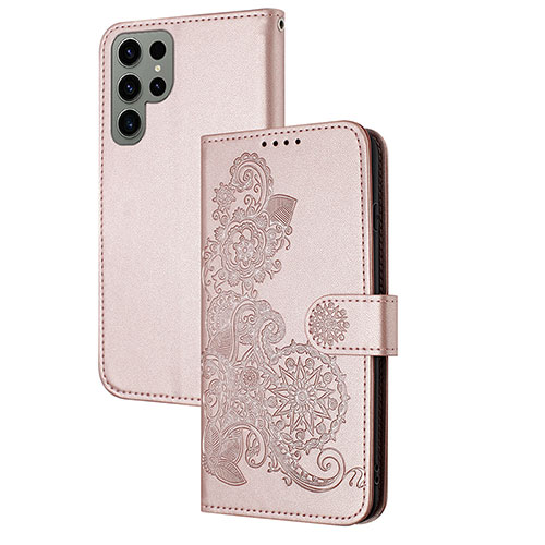 Leather Case Stands Flip Flowers Cover Holder Y01X for Samsung Galaxy S24 Ultra 5G Rose Gold