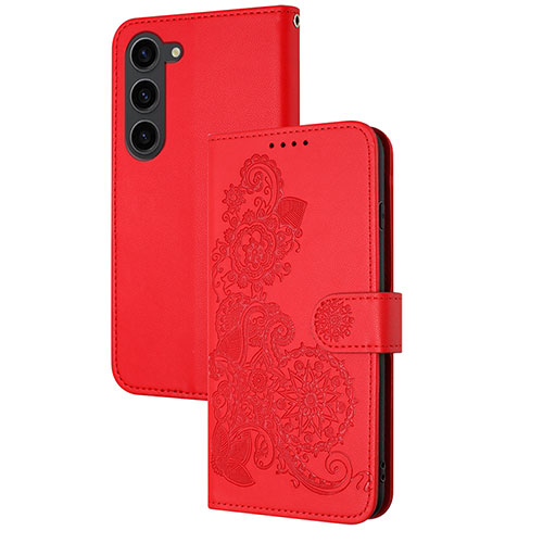 Leather Case Stands Flip Flowers Cover Holder Y01X for Samsung Galaxy S25 5G Red