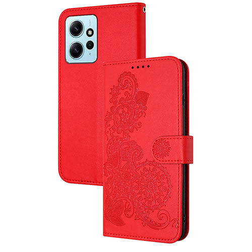 Leather Case Stands Flip Flowers Cover Holder Y01X for Xiaomi Redmi Note 12 4G Red