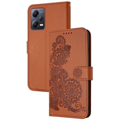 Leather Case Stands Flip Flowers Cover Holder Y01X for Xiaomi Redmi Note 12 5G Brown