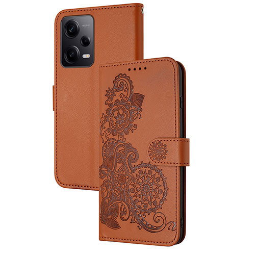 Leather Case Stands Flip Flowers Cover Holder Y01X for Xiaomi Redmi Note 12 Explorer Brown