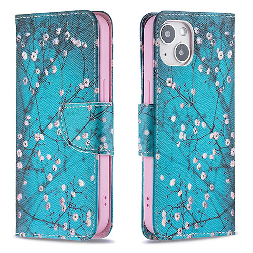 Leather Case Stands Flip Flowers Cover L01 Holder for Apple iPhone 13 Cyan