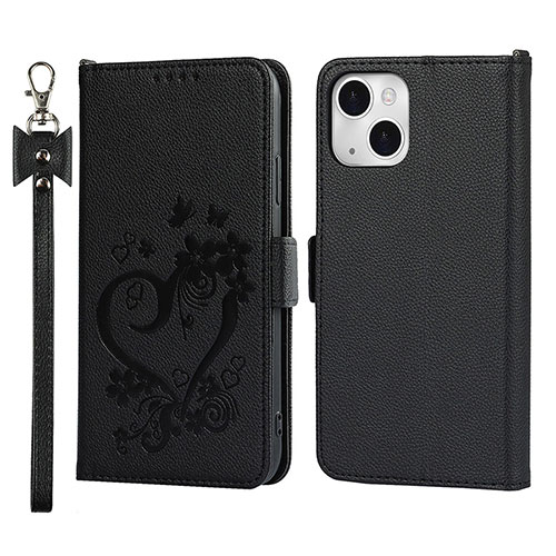 Leather Case Stands Flip Flowers Cover L16 Holder for Apple iPhone 15 Black