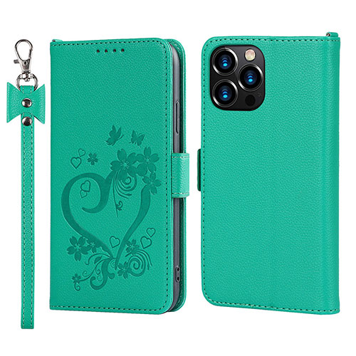 Leather Case Stands Flip Flowers Cover L16 Holder for Apple iPhone 15 Pro Green