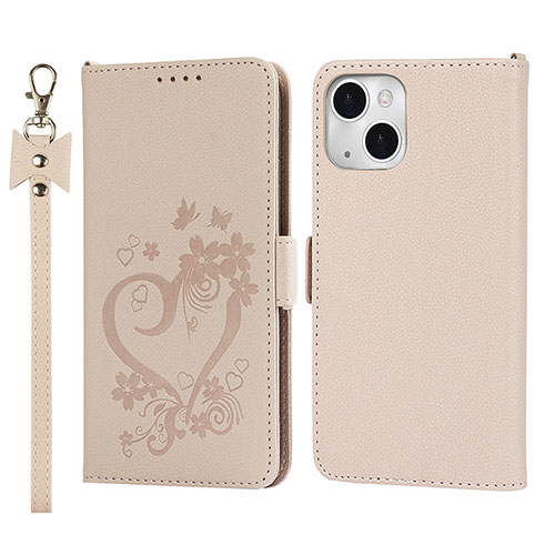 Leather Case Stands Flip Flowers Cover L16 Holder for Apple iPhone 15 Rose Gold