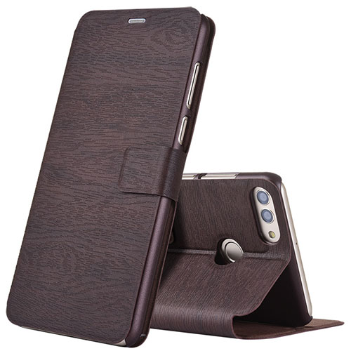 Leather Case Stands Flip Holder Cover for Huawei Y9 (2018) Brown