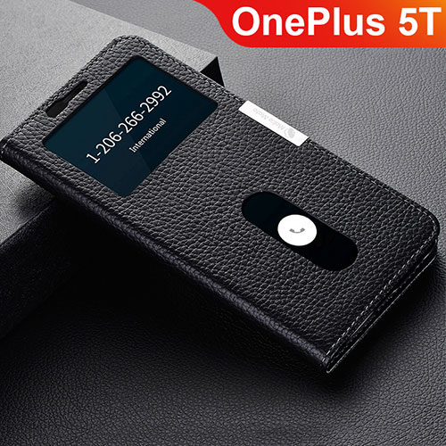 Leather Case Stands Flip Holder Cover L02 for OnePlus 5T A5010 Black