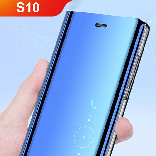 Leather Case Stands Flip Holder Mirror Cover L02 for Samsung Galaxy S10 5G Blue