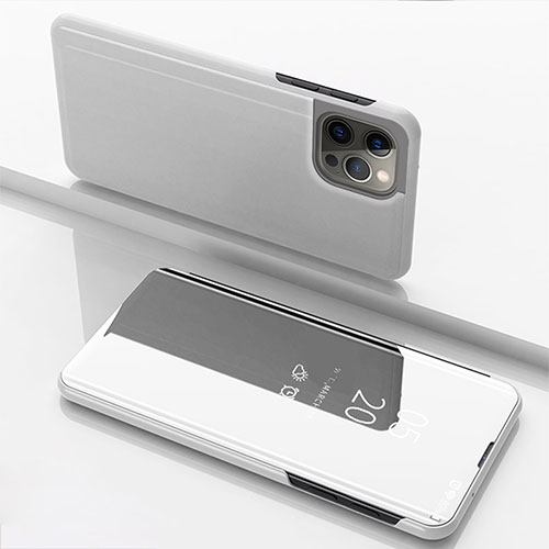 Leather Case Stands Flip Mirror Cover Holder for Apple iPhone 14 Pro Max Silver