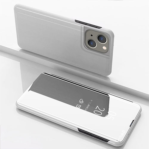 Leather Case Stands Flip Mirror Cover Holder for Apple iPhone 14 Silver