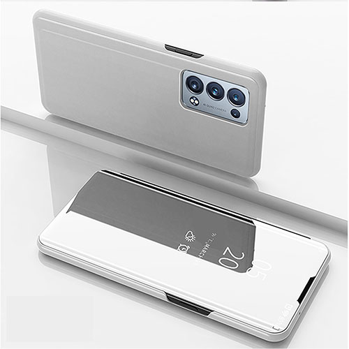 Leather Case Stands Flip Mirror Cover Holder for Oppo Reno6 Pro 5G Silver