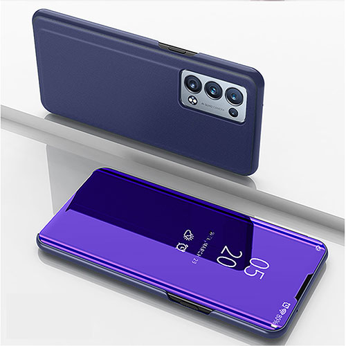 Leather Case Stands Flip Mirror Cover Holder for Oppo Reno6 Pro+ Plus 5G Navy Blue