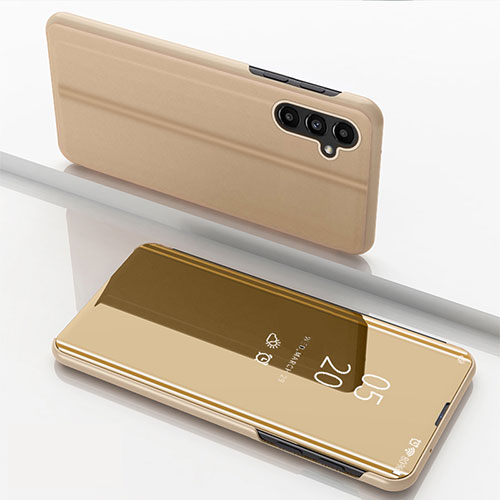 Leather Case Stands Flip Mirror Cover Holder for Samsung Galaxy A14 4G Gold