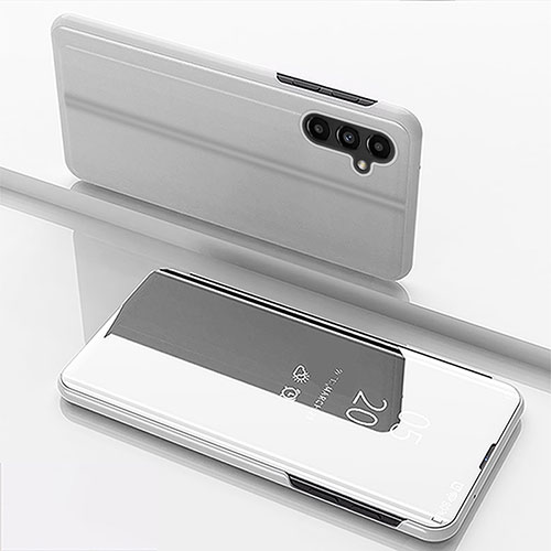 Leather Case Stands Flip Mirror Cover Holder for Samsung Galaxy A14 4G Silver