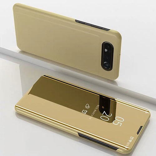 Leather Case Stands Flip Mirror Cover Holder M01 for Samsung Galaxy A90 4G Gold