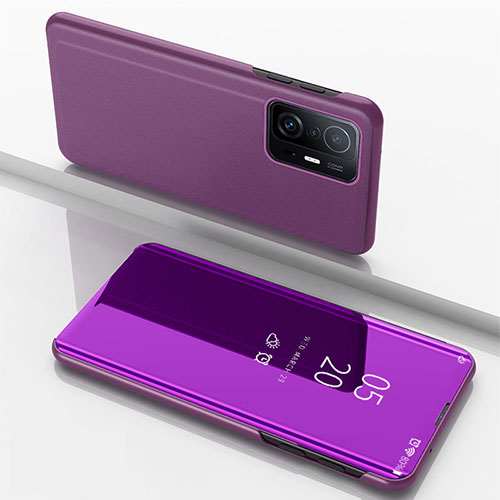 Leather Case Stands Flip Mirror Cover Holder QH1 for Xiaomi Mi 11T 5G Purple