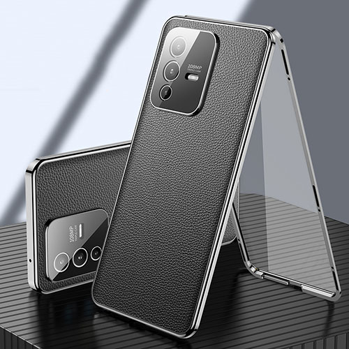 Luxury Aluminum Metal and Leather Cover Case 360 Degrees for Vivo V23 Pro 5G Black