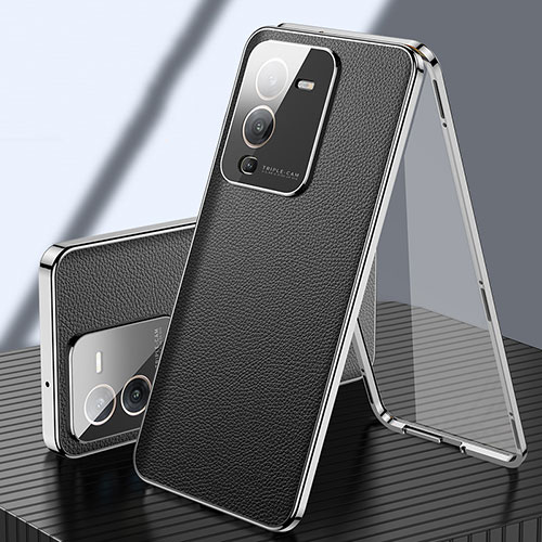 Luxury Aluminum Metal and Leather Cover Case 360 Degrees for Vivo V25 Pro 5G Black