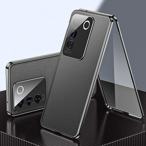 Luxury Aluminum Metal and Leather Cover Case 360 Degrees for Vivo V27e 5G Black