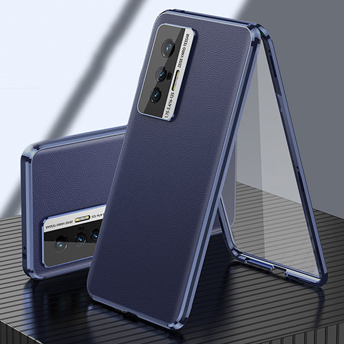 Luxury Aluminum Metal and Leather Cover Case 360 Degrees for Vivo X70 5G Blue