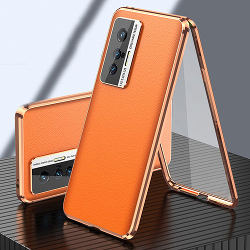 Luxury Aluminum Metal and Leather Cover Case 360 Degrees for Vivo X70t Orange