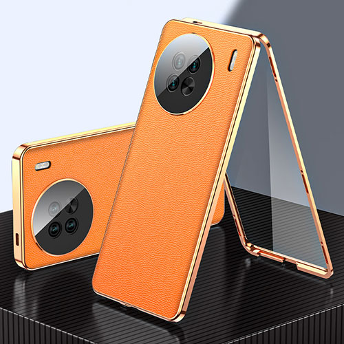 Luxury Aluminum Metal and Leather Cover Case 360 Degrees for Vivo X90 Pro+ Plus 5G Orange