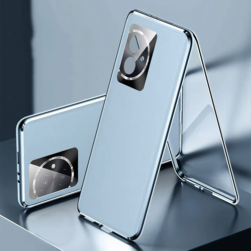 Luxury Aluminum Metal and Leather Cover Case 360 Degrees P01 for Huawei Honor 100 5G Blue