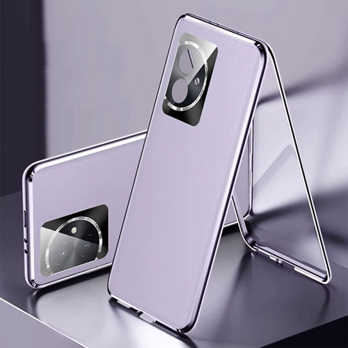 Luxury Aluminum Metal and Leather Cover Case 360 Degrees P01 for Huawei Honor 100 5G Purple