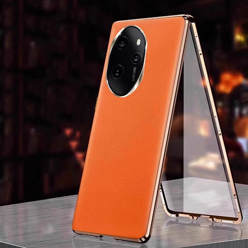 Luxury Aluminum Metal and Leather Cover Case 360 Degrees P01 for Huawei Honor 100 Pro 5G Orange