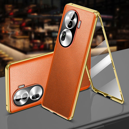 Luxury Aluminum Metal and Leather Cover Case 360 Degrees P01 for Oppo Reno11 Pro 5G Orange