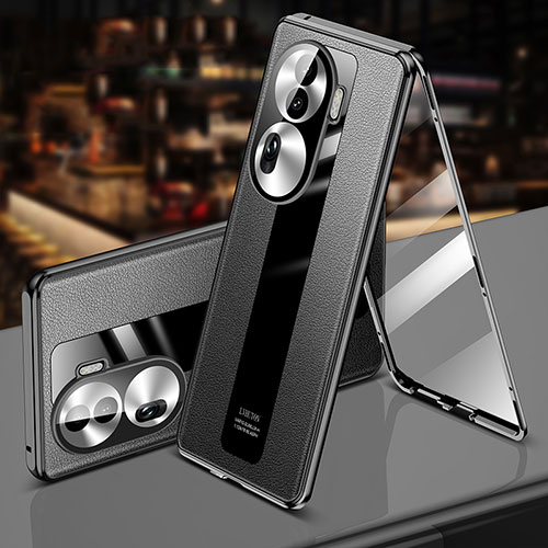 Luxury Aluminum Metal and Leather Cover Case 360 Degrees P02 for Oppo Reno11 Pro 5G Black