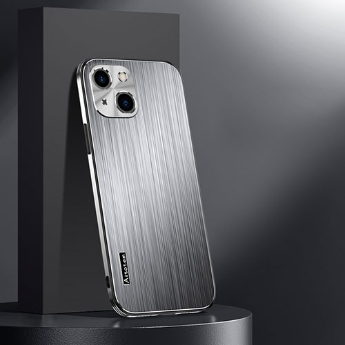 Luxury Aluminum Metal Back Cover and Silicone Frame Case AT1 for Apple iPhone 15 Plus Silver