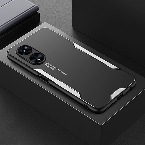 Luxury Aluminum Metal Back Cover and Silicone Frame Case for Oppo A1 5G Silver